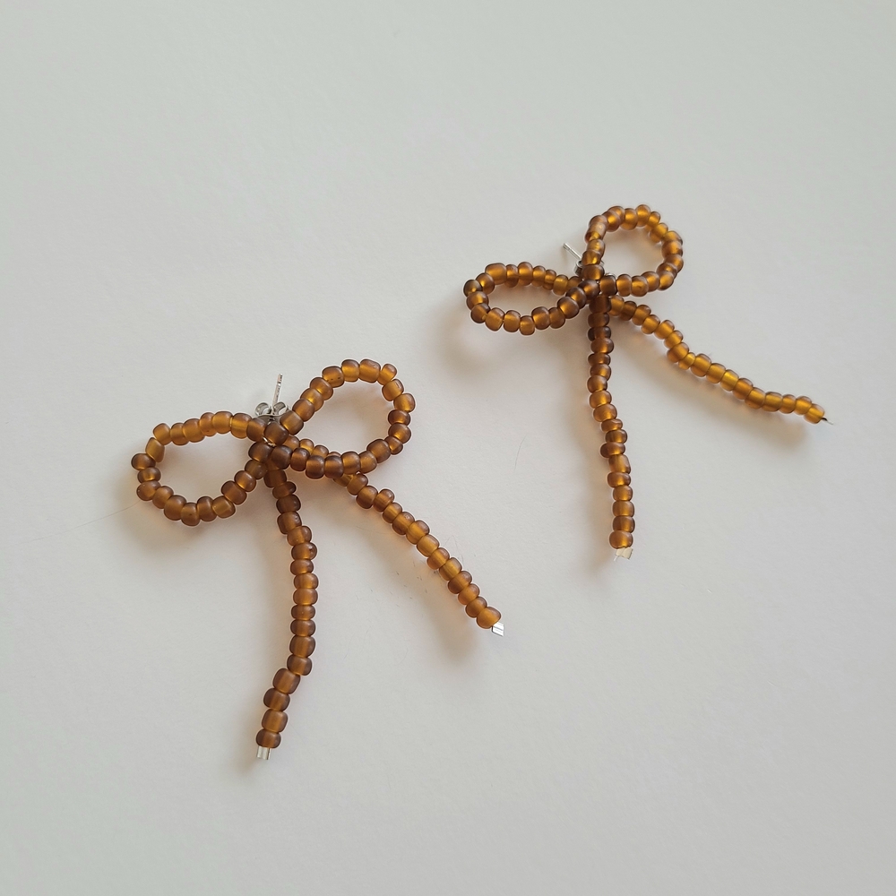 Brown Beaded Bow Earrings - Picture 3 of 5